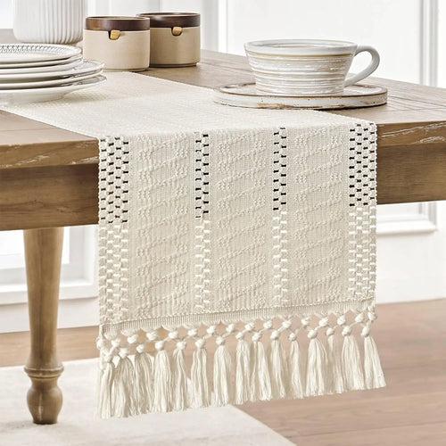 Chemin de table macramé bohème ivoire franges tissé