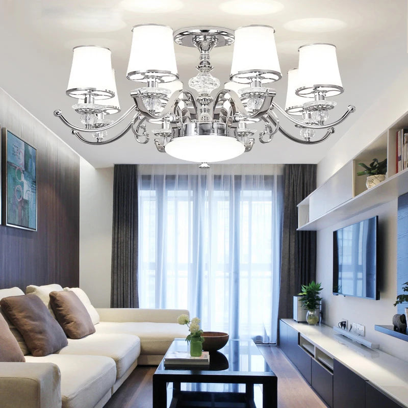 lustre chromé moderne à abat-jours blancs - vue 5 sur 16