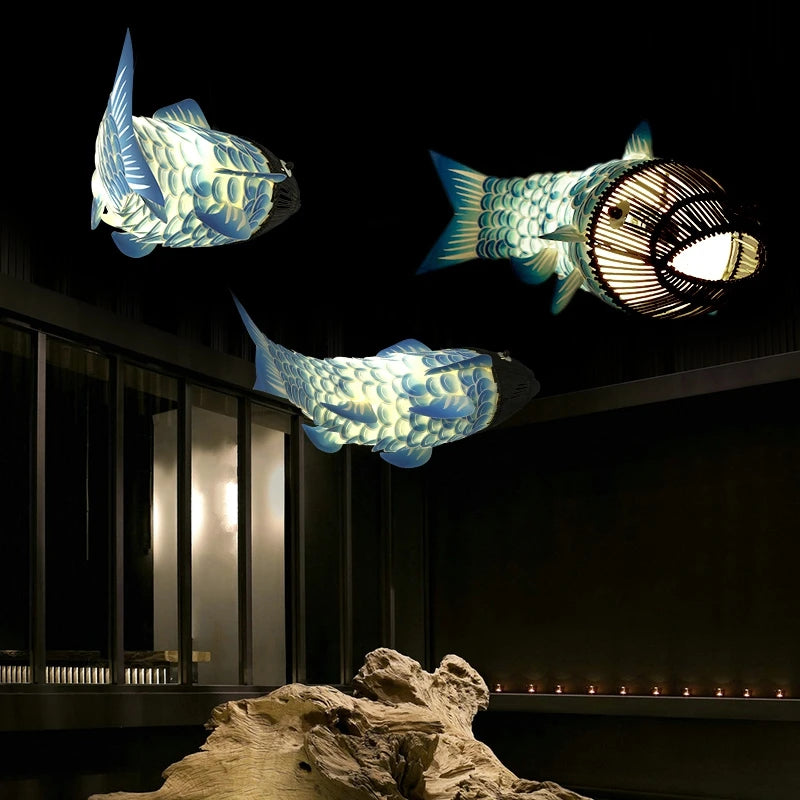 suspension Moderne en bois gros poisson lumières style chinois bambou créatif restaurant