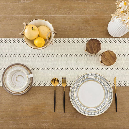 Chemin de table macramé bohème ivoire tissé franges