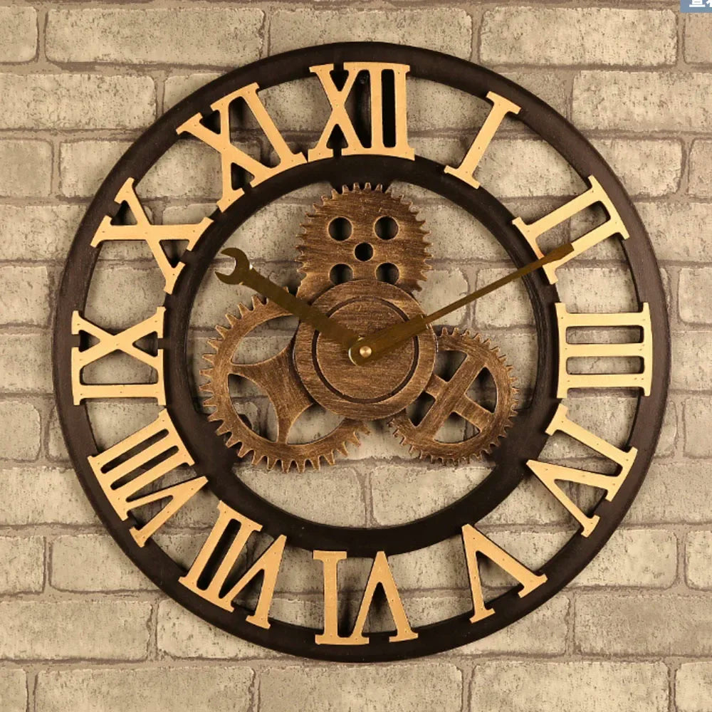 horloge murale moderne à engrenages en bois vintage silencieuse - vue 9 sur 10