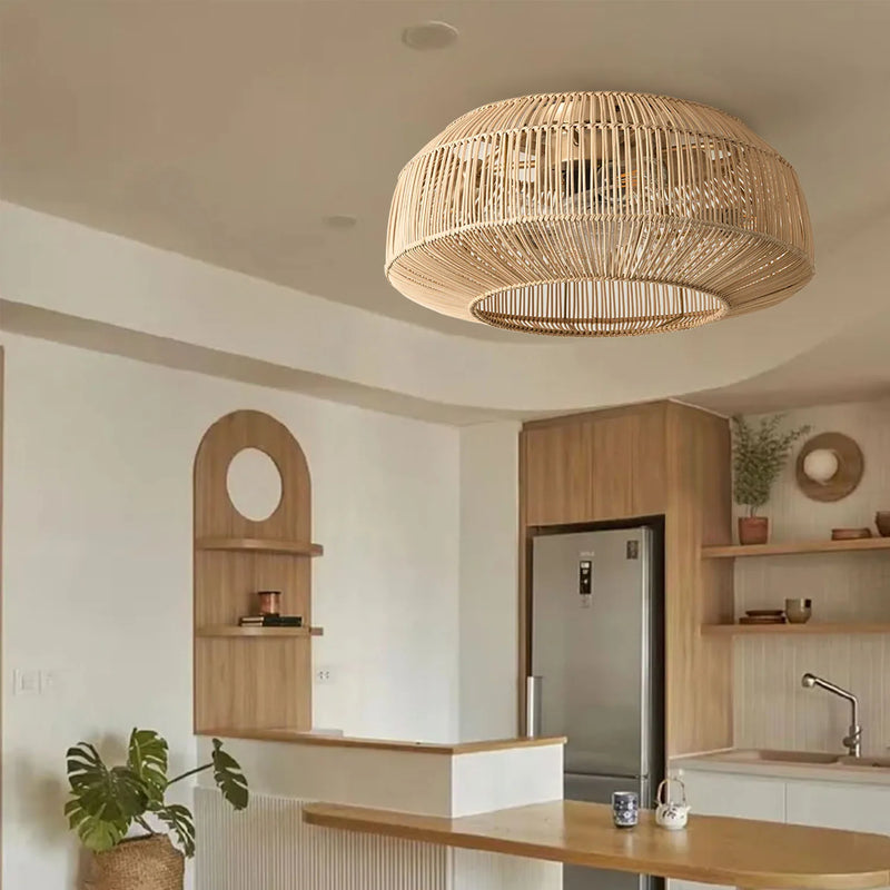 Ventilateur de plafond avec lumière rétro fait à la main en rotin de bambou ventilateur invisible lumières moderne simple Wabi-Sabi lampe de ventilateur de plafond d'îlot de cuisine