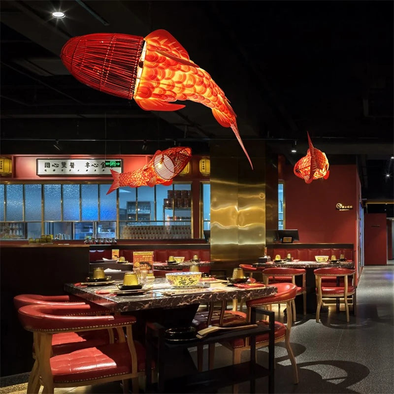 suspension Moderne en bois gros poisson lumières style chinois bambou créatif restaurant