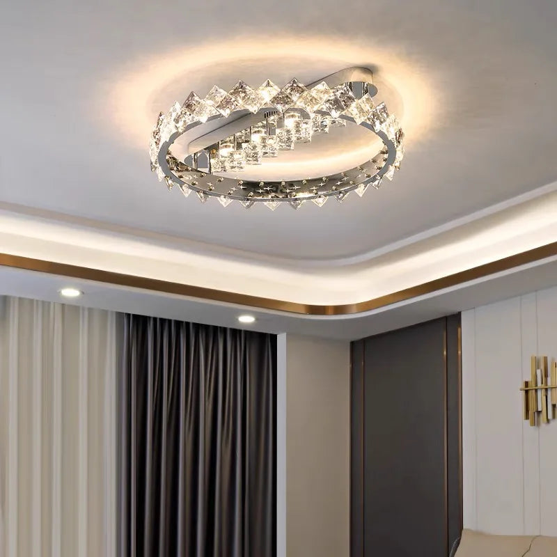 lustre moderne en acier inoxydable chrome avec éclairage en cristal