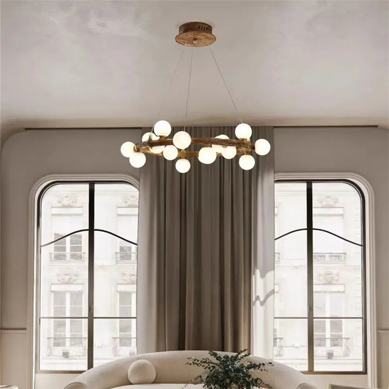 lustre rétro en forme de branche d'arbre en bois et verre - vue 5 sur 13