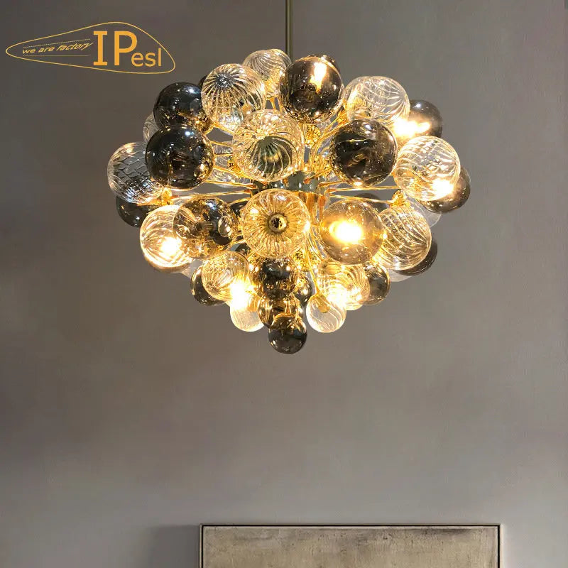 lustre moderne en verre à bulles lumière argentée or suspendu luxueux