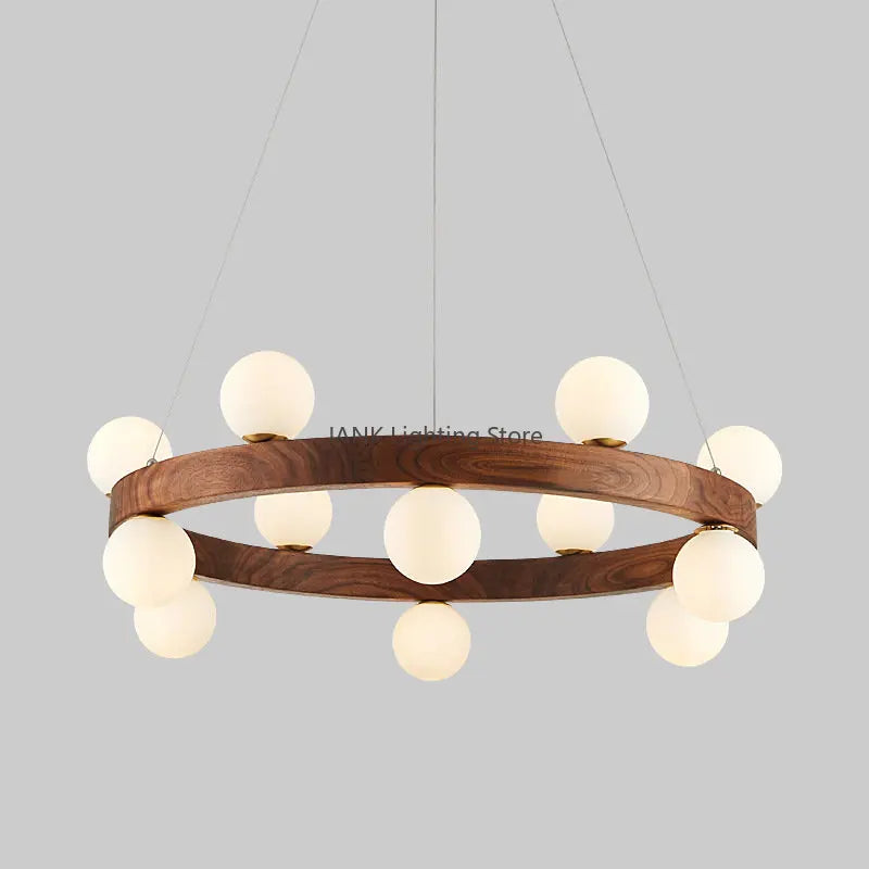 lustre en bois massif avec boule de verre blanc et éclairage intérieur