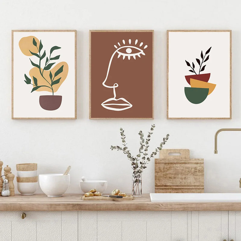 art mural abstrait boho avec fleurs lune et soleil