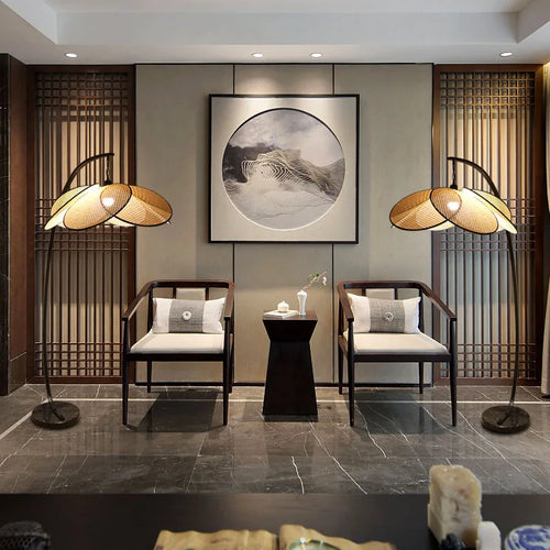lampadaire rétro en rotin tissé design chinois pour décoration intérieure - vue 3 sur 9
