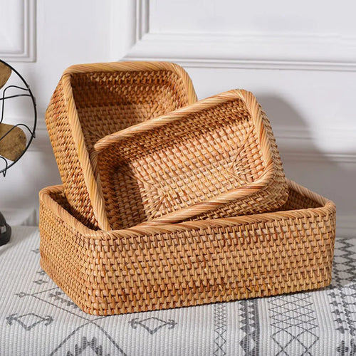 paniers rectangulaires en rotin tissés à la main pour rangement et décoration - vue 5 sur 8