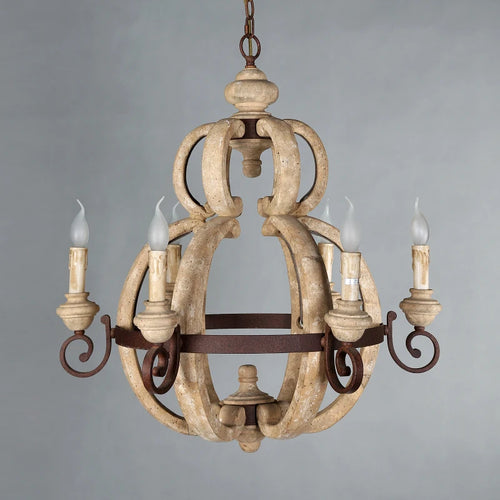 lustre rustique en bois vintage à 6 lumières design français - vue 5 sur 7