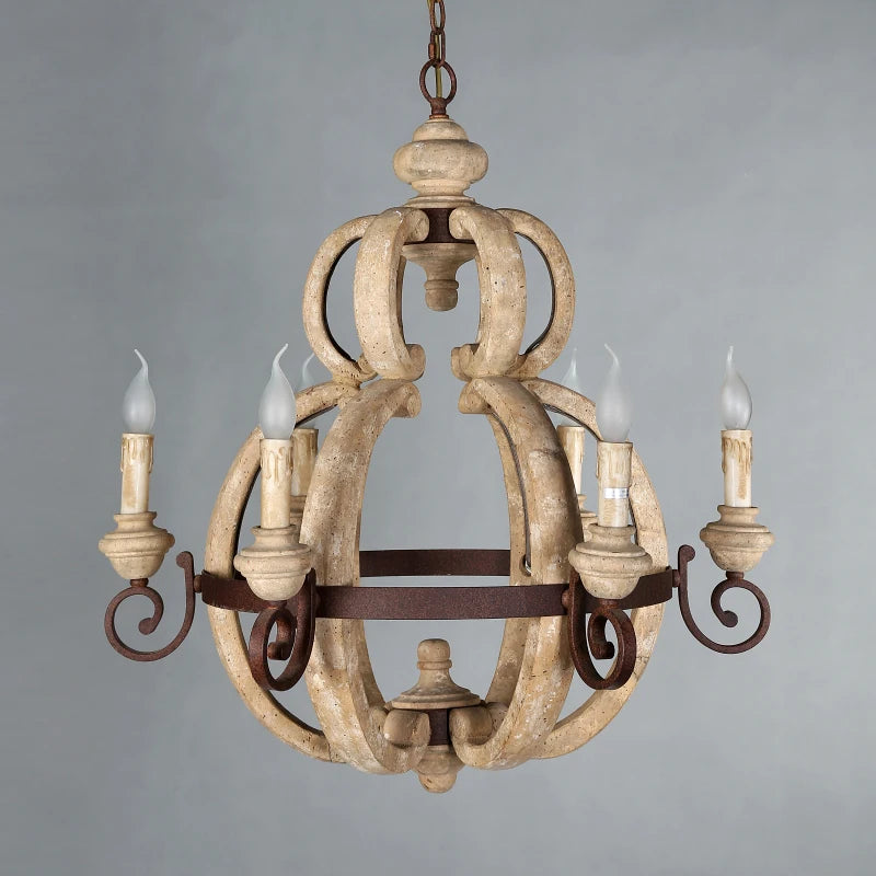 lustre rustique en bois vintage à 6 lumières design français - vue 4 sur 7