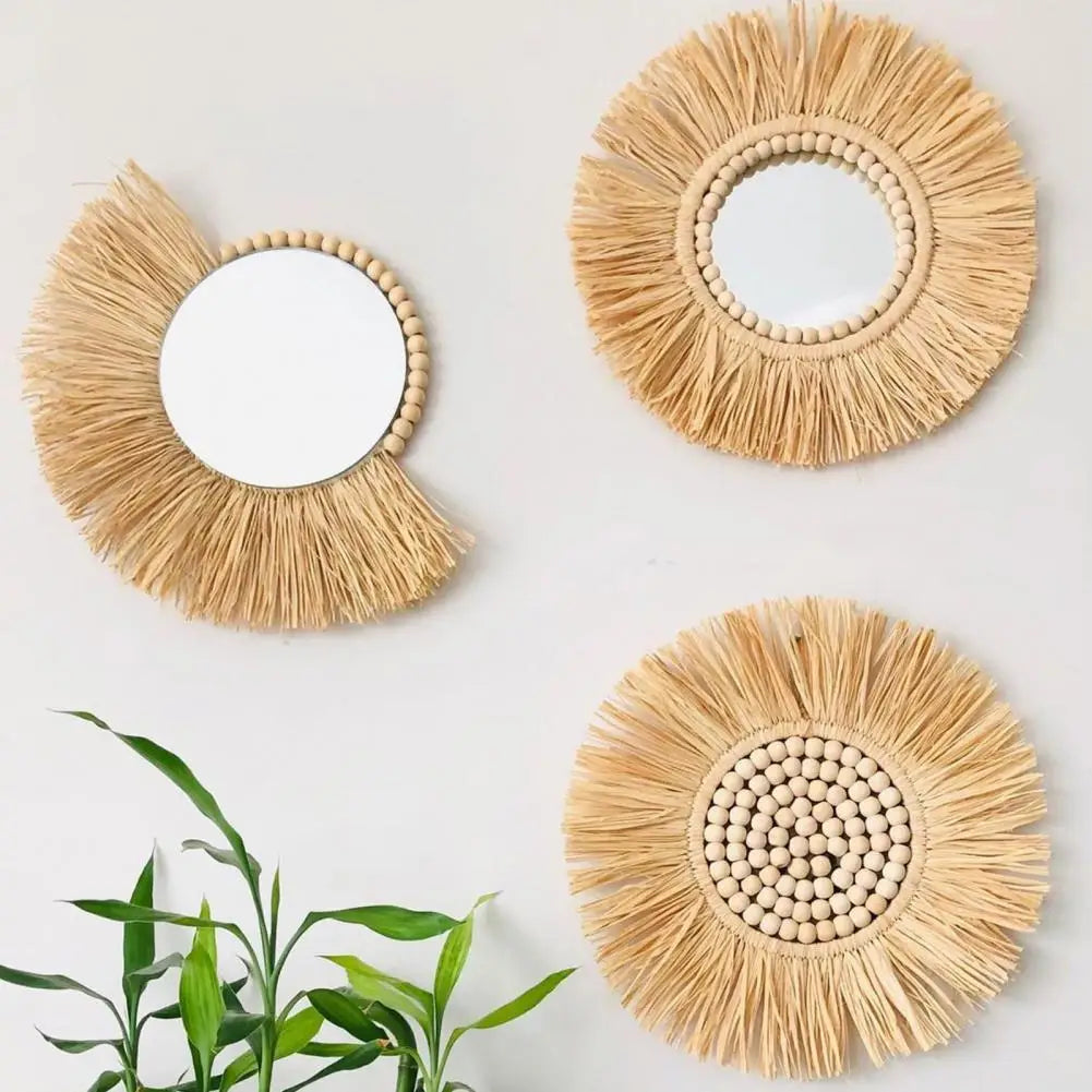 miroir suspendu en raphia et perles en bois décoratif multifonctions - vue 5 sur 11