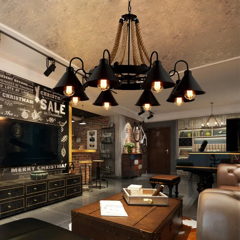 Vintage Hemp Rope Pendant Lamps Iron Lampshade Retro Coffee House Bar Indoor Lightings E27 Industrial Style Chain Pendant Light