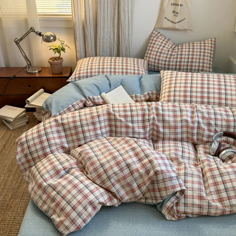 housse de couette en coton à carreaux avec taies d'oreiller douces