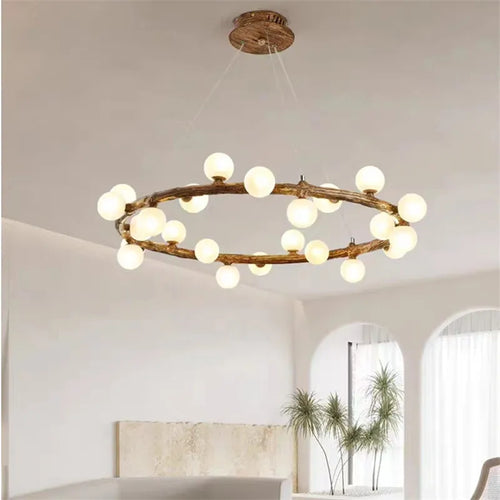 lustre rétro en forme de branche d'arbre en bois et verre - vue 5 sur 13