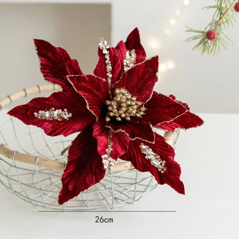 fleur de noël artificielle en velours pailleté décoration festive pour maison - vue 10 sur 12