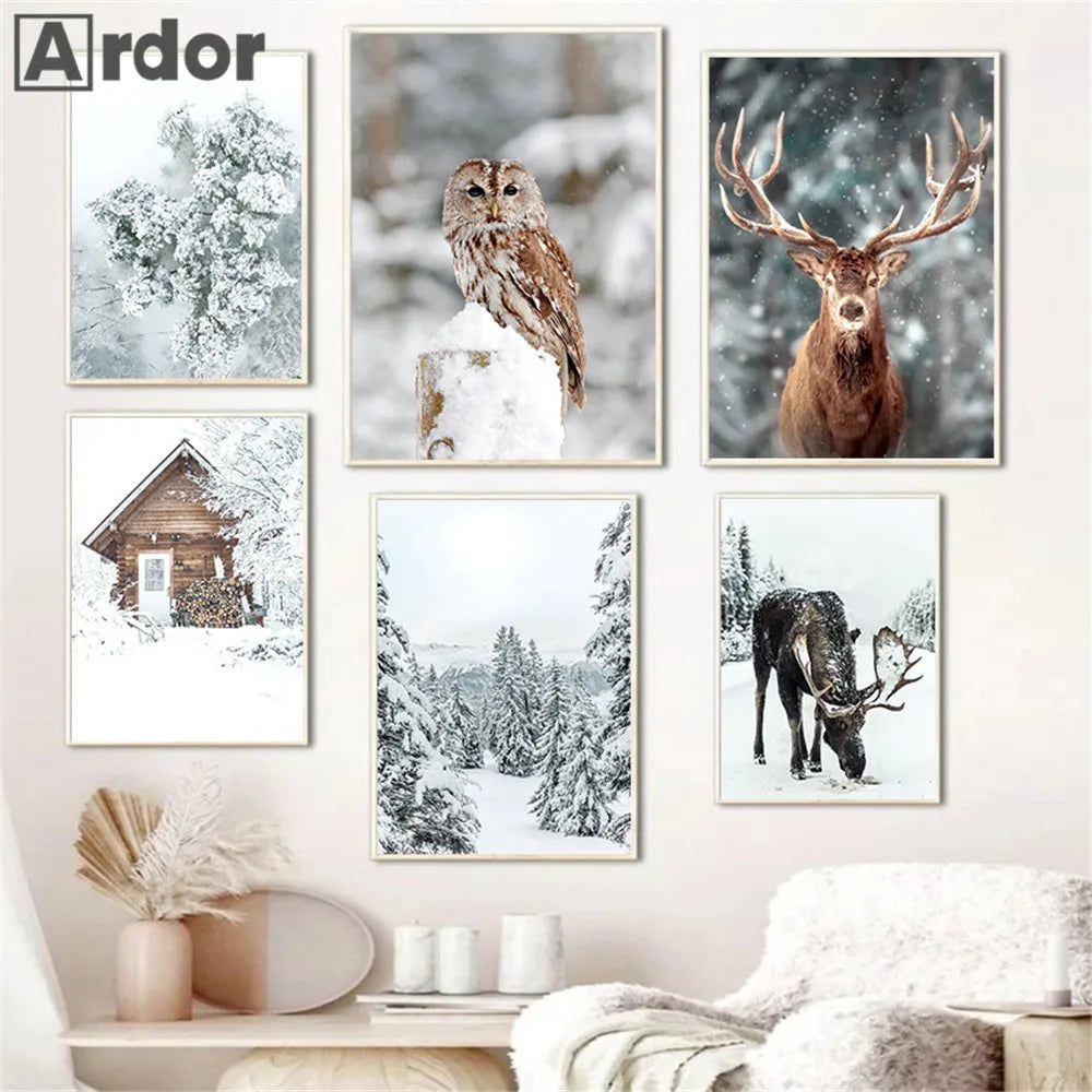 décoration murale renard hibou cerf forêt hiver neige - vue 5 sur 7