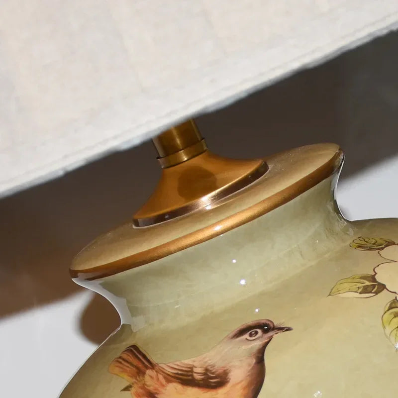 lampe de bureau nordique céramique motif fleur et oiseau - vue 6 sur 9