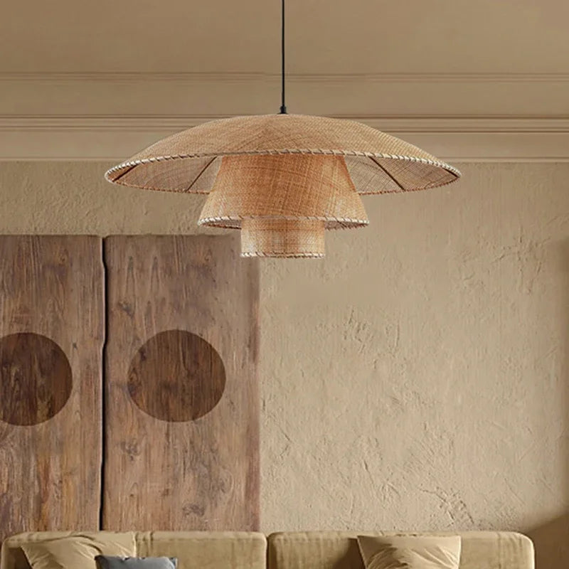 Wabi-sabi rétro rotin suspension Vintage artisanat silencieux lampe à vent pour salon chambre salle à manger Table lustre