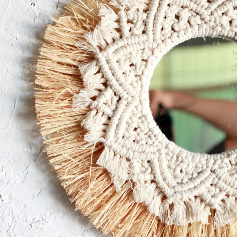 miroir mural bohème en paille tissée pour décoration intérieure - vue 4 sur 7