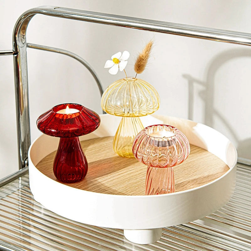bougeoir champignon en verre pour décoration de table et vase - vue 5 sur 14