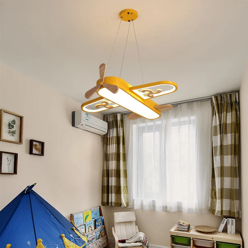 Plafonnier avion LED jaune bleu design minimaliste plafonnier en bois pour chambre d'enfant maison bébé garçons enfant suspension