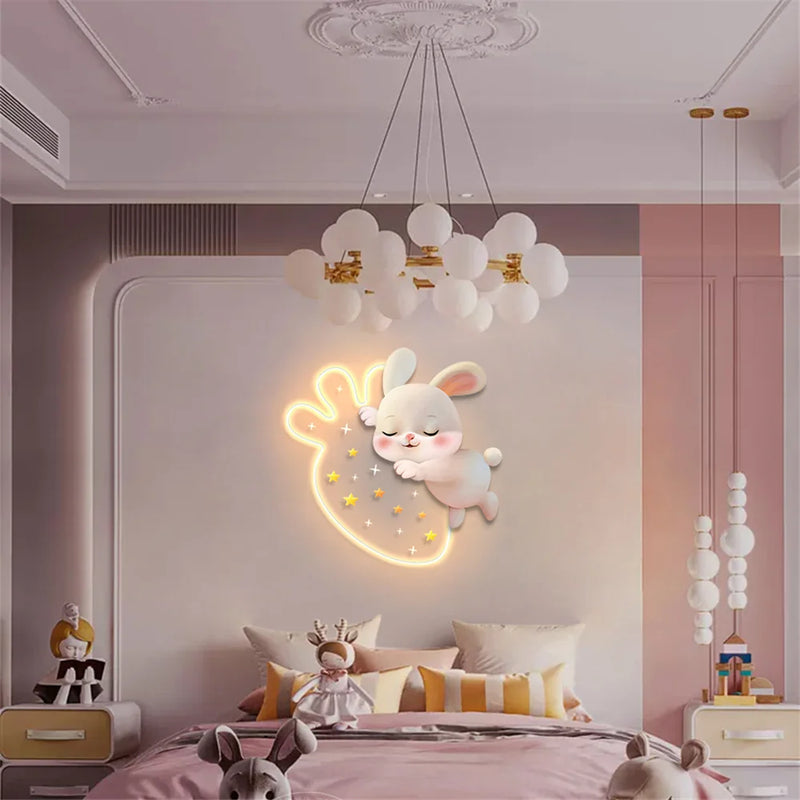 Dessin animé fraise lapin peinture décorative applique murale LED lampe filles chambre chevet atmosphère lumière enfants acrylique murale appliques