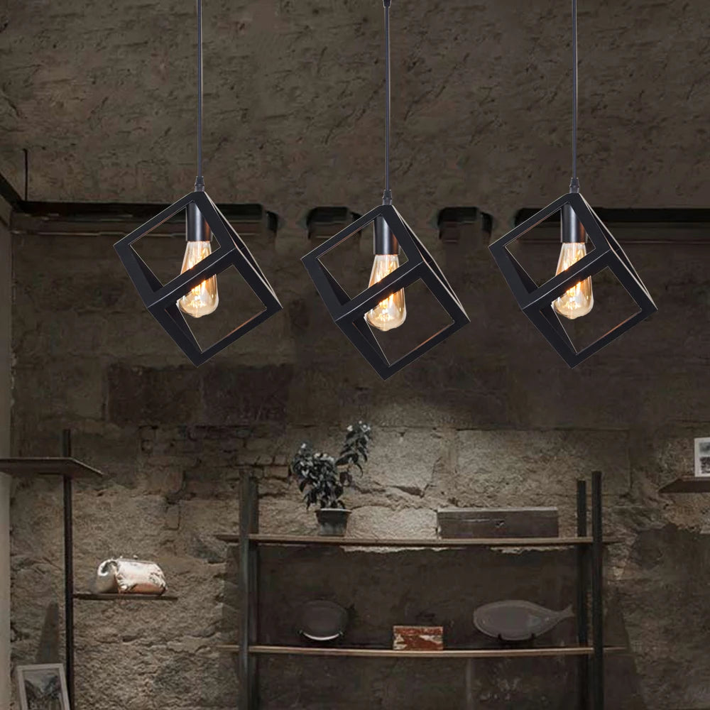 Black Geometric Pendant Lighting Modern Square Hanging Light Ceiling Fixture for Kitchen Island, Foyer, Hallway, Bedroom E27 - vue 4 sur 8