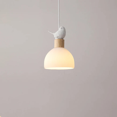 lustre led suspendu en bois avec abat-jour en verre blanc - vue 6 sur 8
