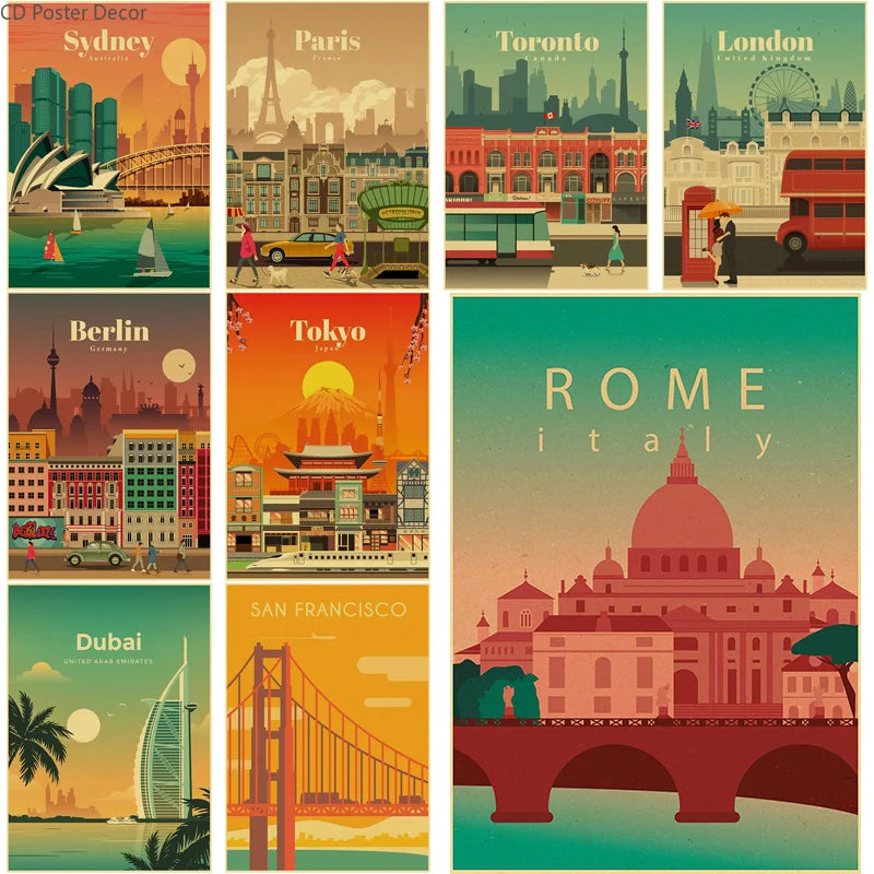 affiche rétro des monuments célèbres des villes du monde