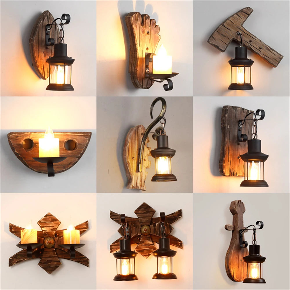 applique murale industrielle vintage en bois avec abat-jour en métal et verre - vue 6 sur 19