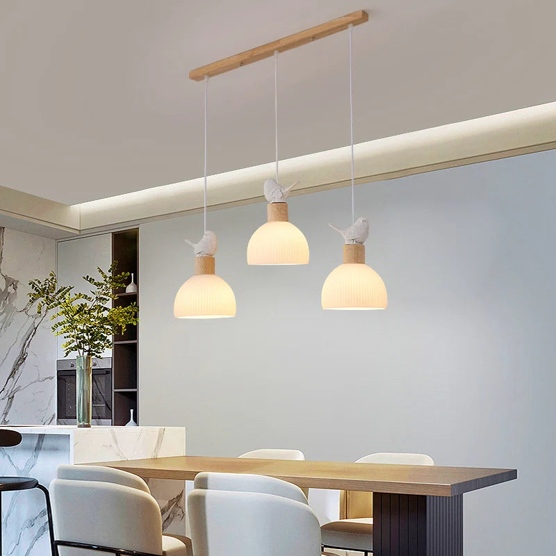 lustre led en bois avec abat-jour en verre blanc - vue 2 sur 8