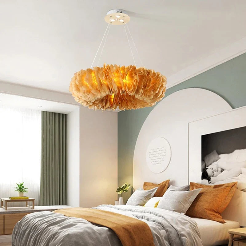 lustre nordique moderne avec plumes led pour décoration intérieure
