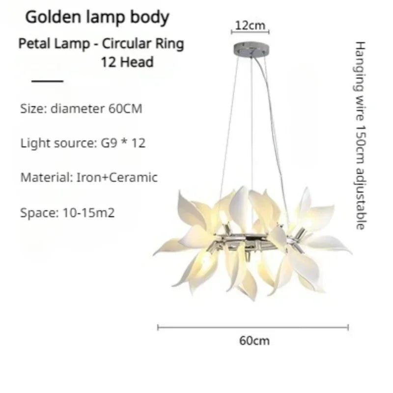 lustre moderne en céramique avec pétales de fleurs et lumière led