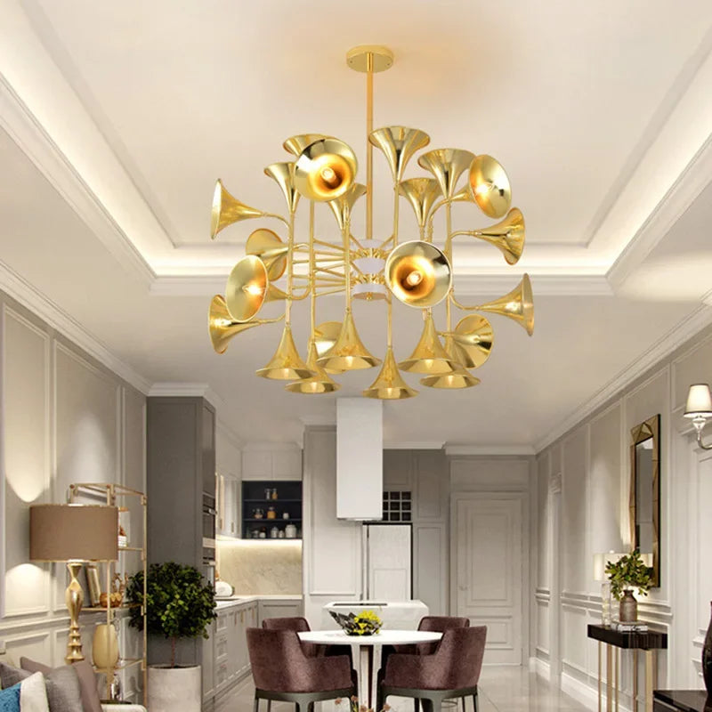 lustre trompette dorée à plusieurs têtes design moderne - vue 5 sur 10