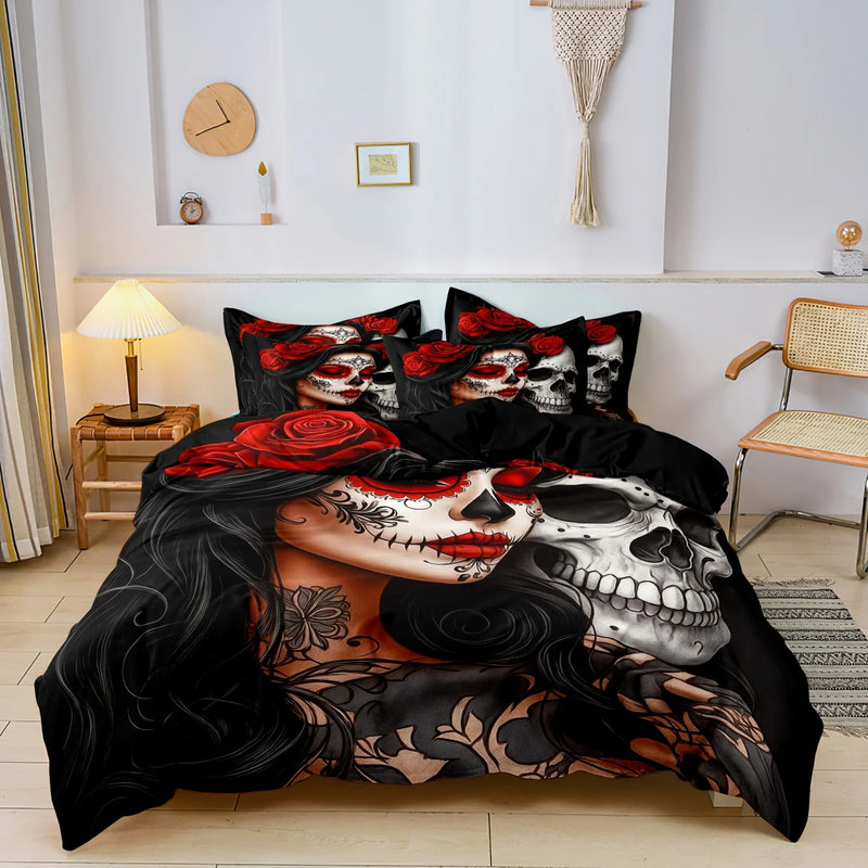 parure de lit florale et crânes de sucre mexicains