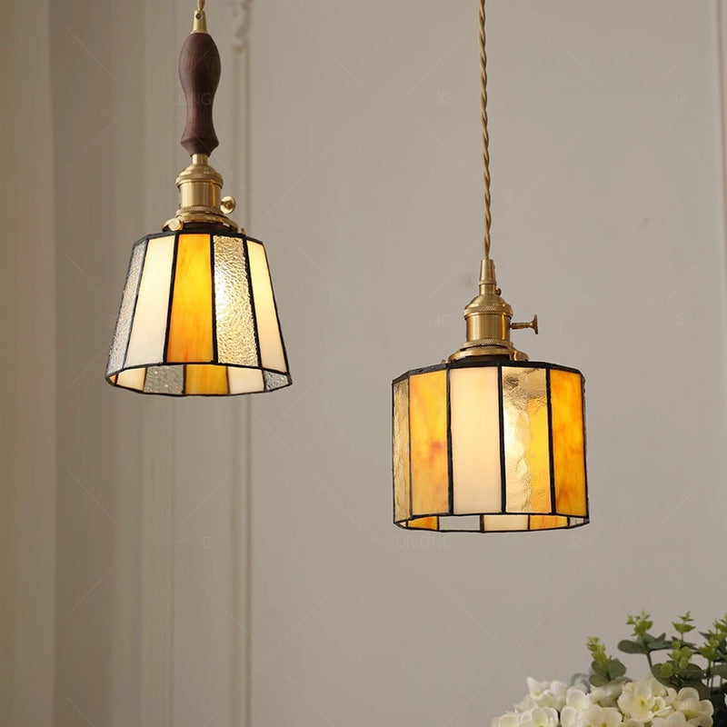 Suspension led vintage style japonais douille cuivre abat-jour verre