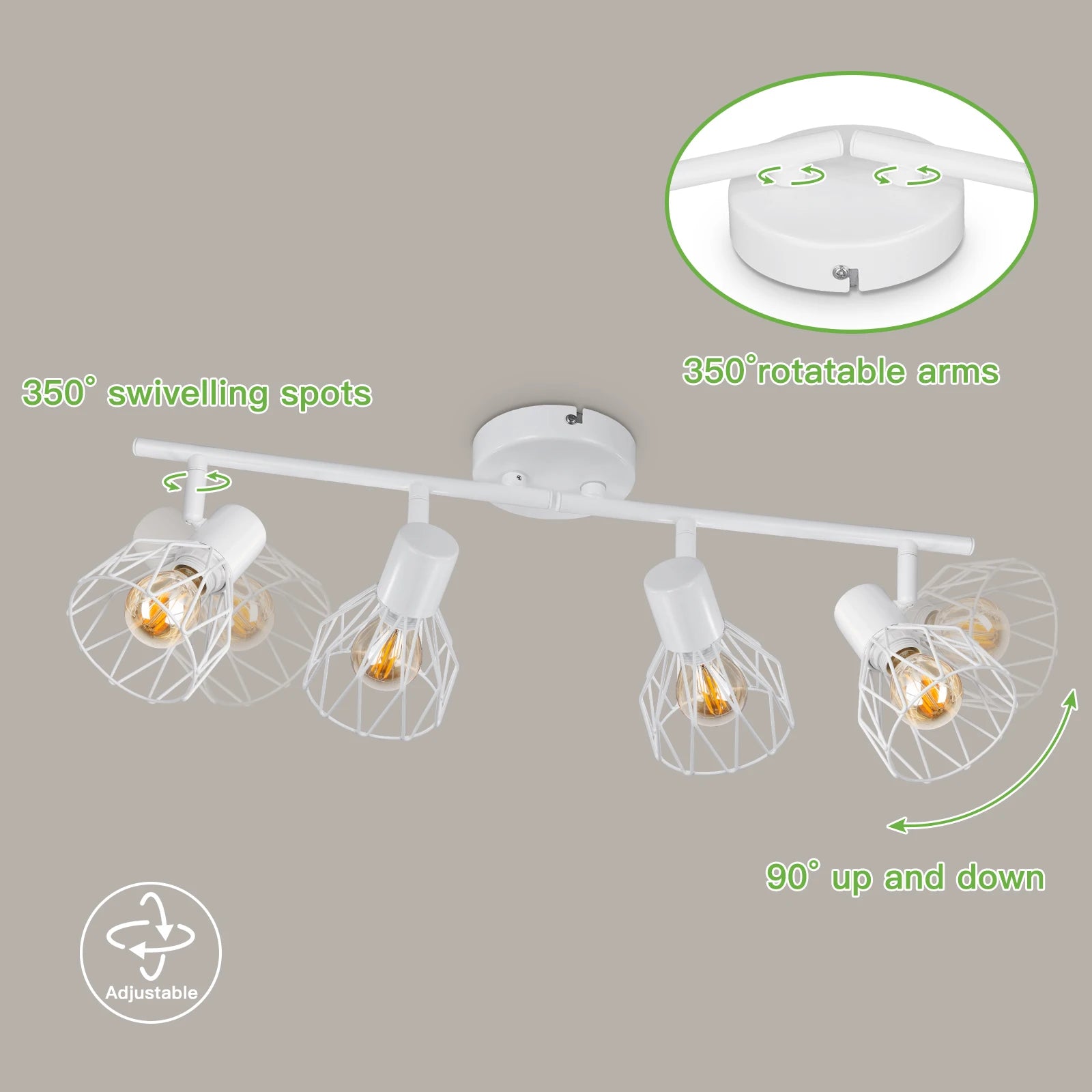 Plafonnier LED 4 voies rotatif - Lumières noires/blanches - Luminaires de plafond - Cage métallique pour plafond E14 - Spot de plafond - vue 4 sur 8