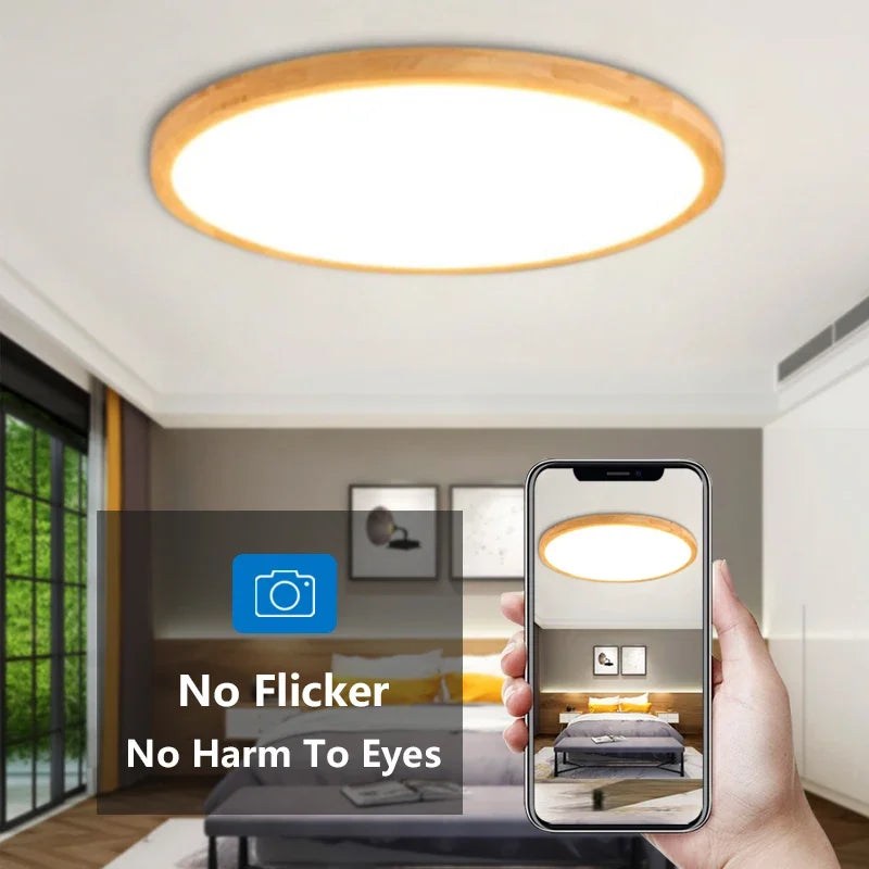 Plafonnier LED mince moderne bois salon étude chambre couloir foyer