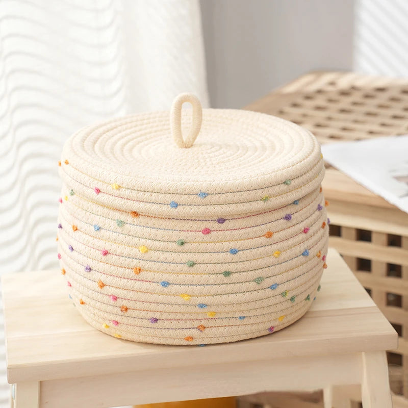 panier de rangement en corde de coton à pois colorés pour organisation