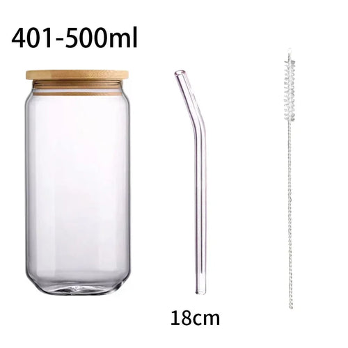 Tasse verre borosilicate forme canette couvercle bambou paille