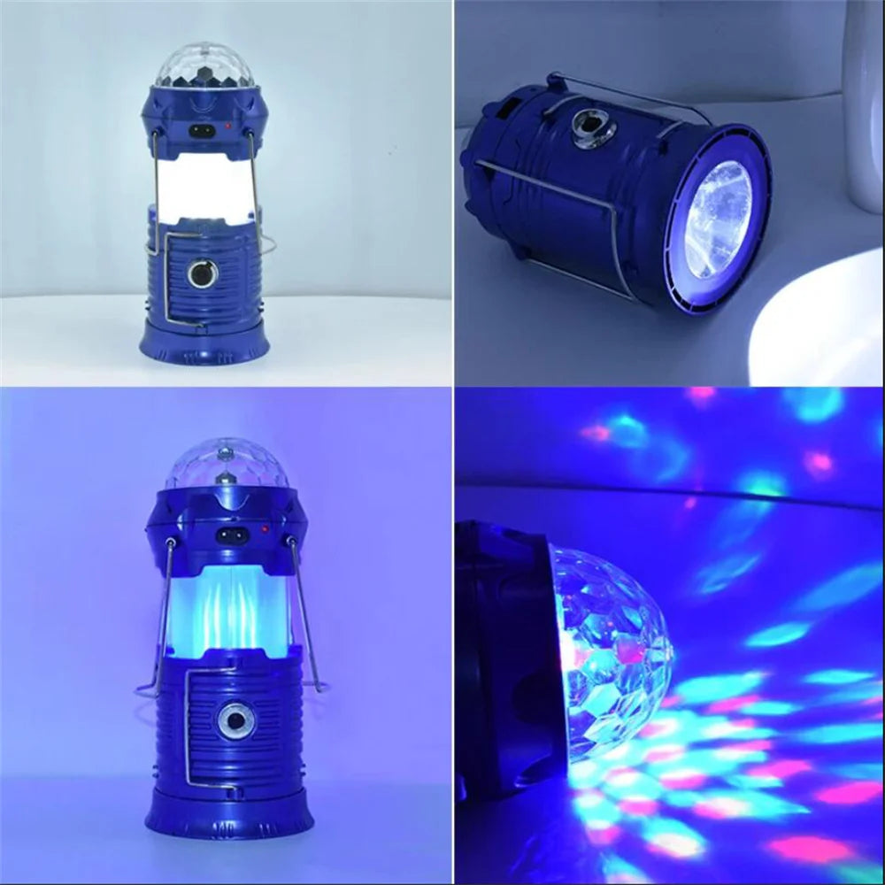 Solar Powered 4-in-1 Flame Waterproof Led Camping Lantern Light& Magic Ball Disco Lamp Flashlight for Tent,Party - vue 4 sur 9