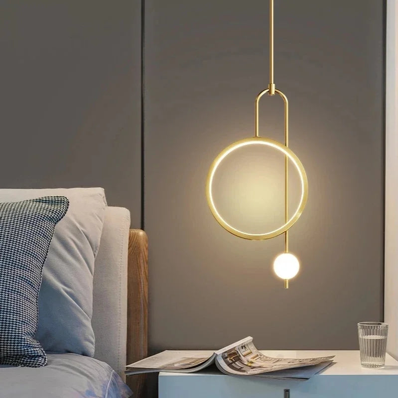 Gold Ring Pendant Light Modern Ball Led Hanging Lamp Bedroom Bedside Nordic Living Room Home Decor Background Lighting - vue 4 sur 10