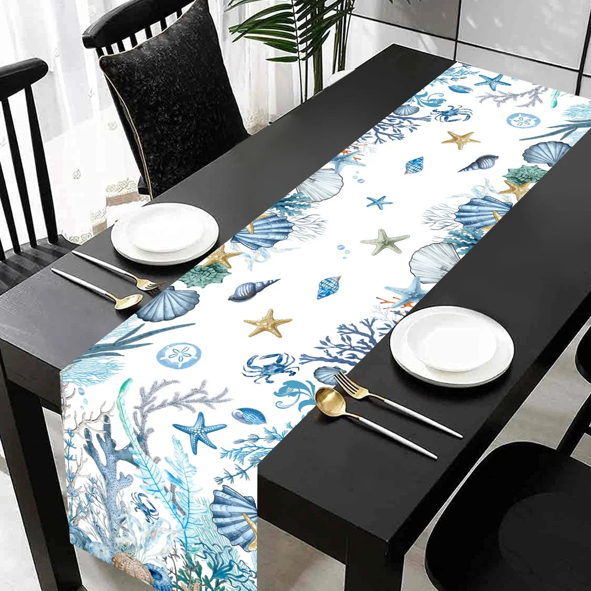 Chemin de table motif vie marine étoiles hippocampes - vue 5 sur 7