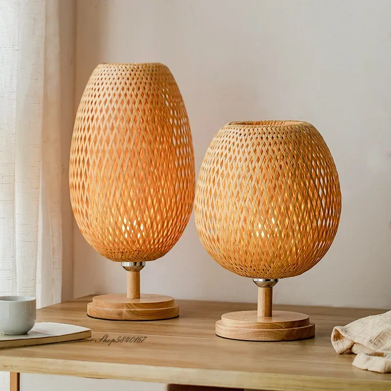 lampe de bureau vintage en bambou artisanale en bois naturel - vue 5 sur 14