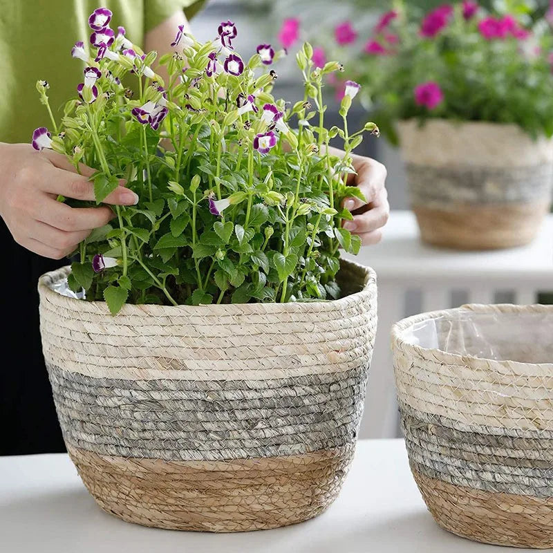 panier à fleurs en paille tressée pour plantes et jardin