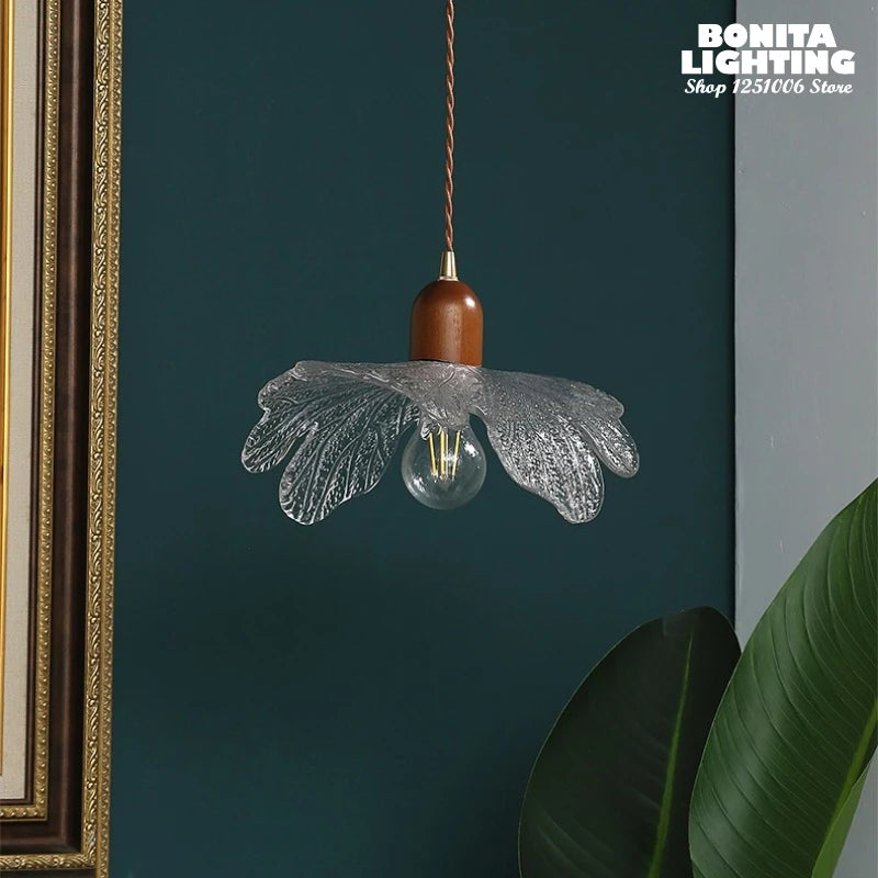 suspension lotus en noyer laiton et verre rétro - vue 6 sur 8
