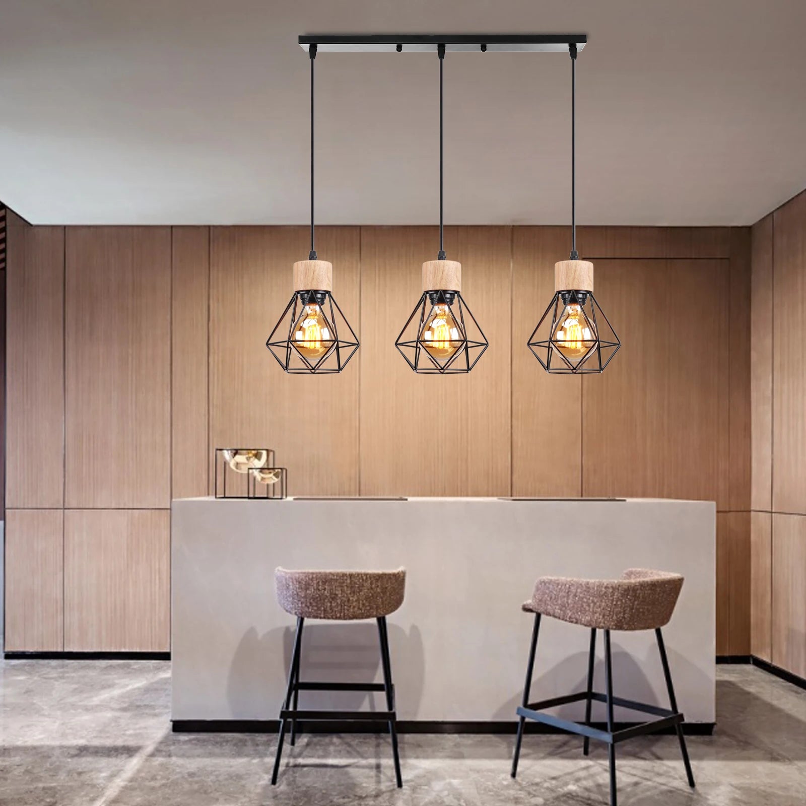 suspension vintage en bois luminaire led suspendu - vue 2 sur 14
