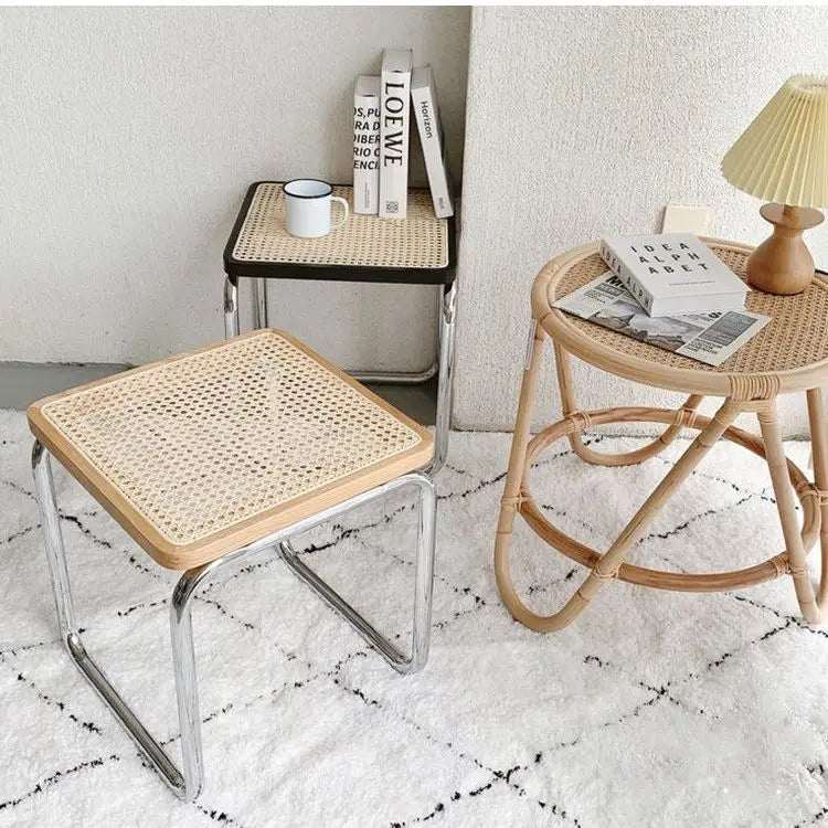 tabouret bas en rotin ancien style japonais pour salon ou entrée - vue 4 sur 11